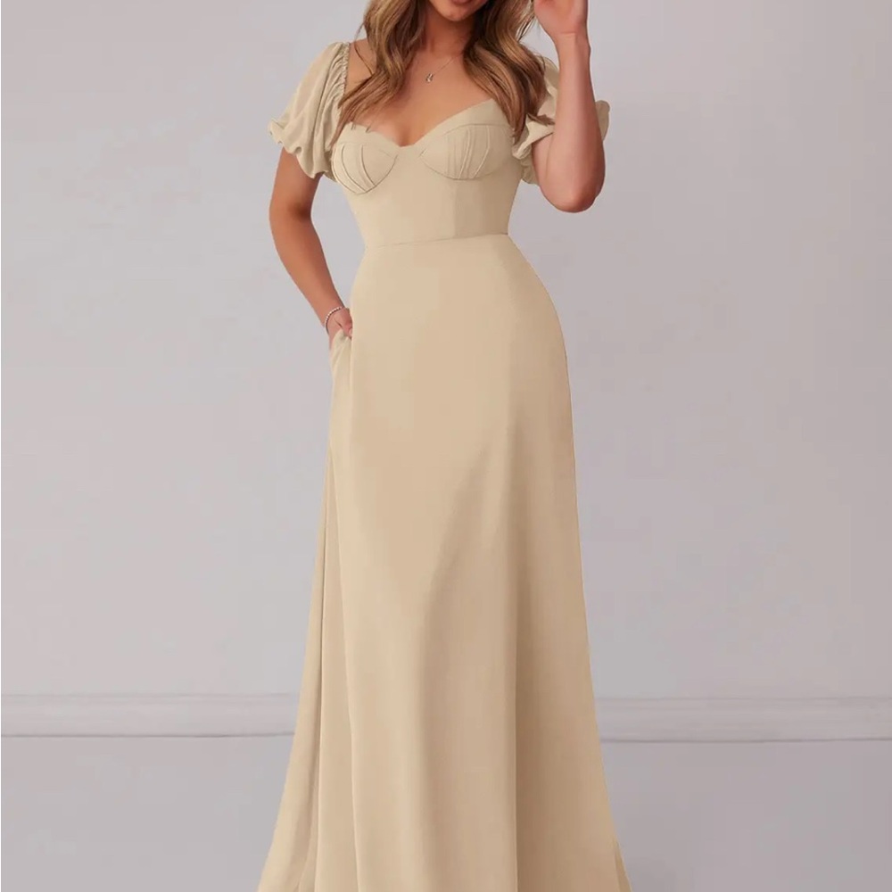 Azazie Champagne Chiffon Maxi Dress with Sweetheart Neckline